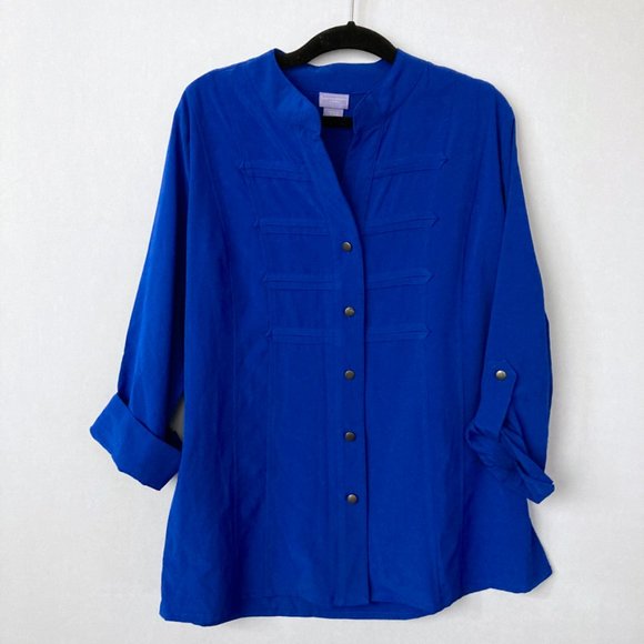 LAURA SCOTT Petites Royal Blue Mandarin Top - Picture 1 of 8